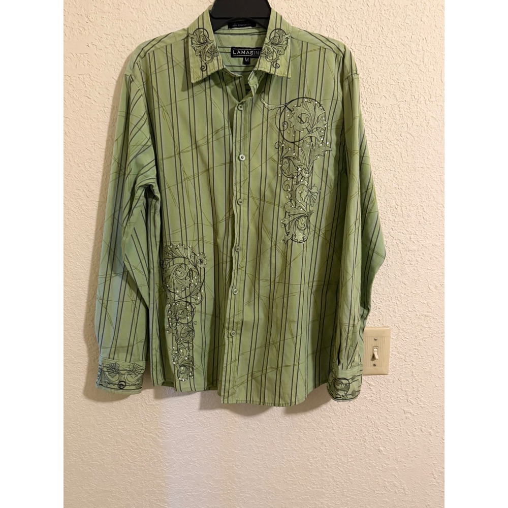 Lamasini Green Striped Embroidered Rhinestone Western Button Down Shirt Medium‎